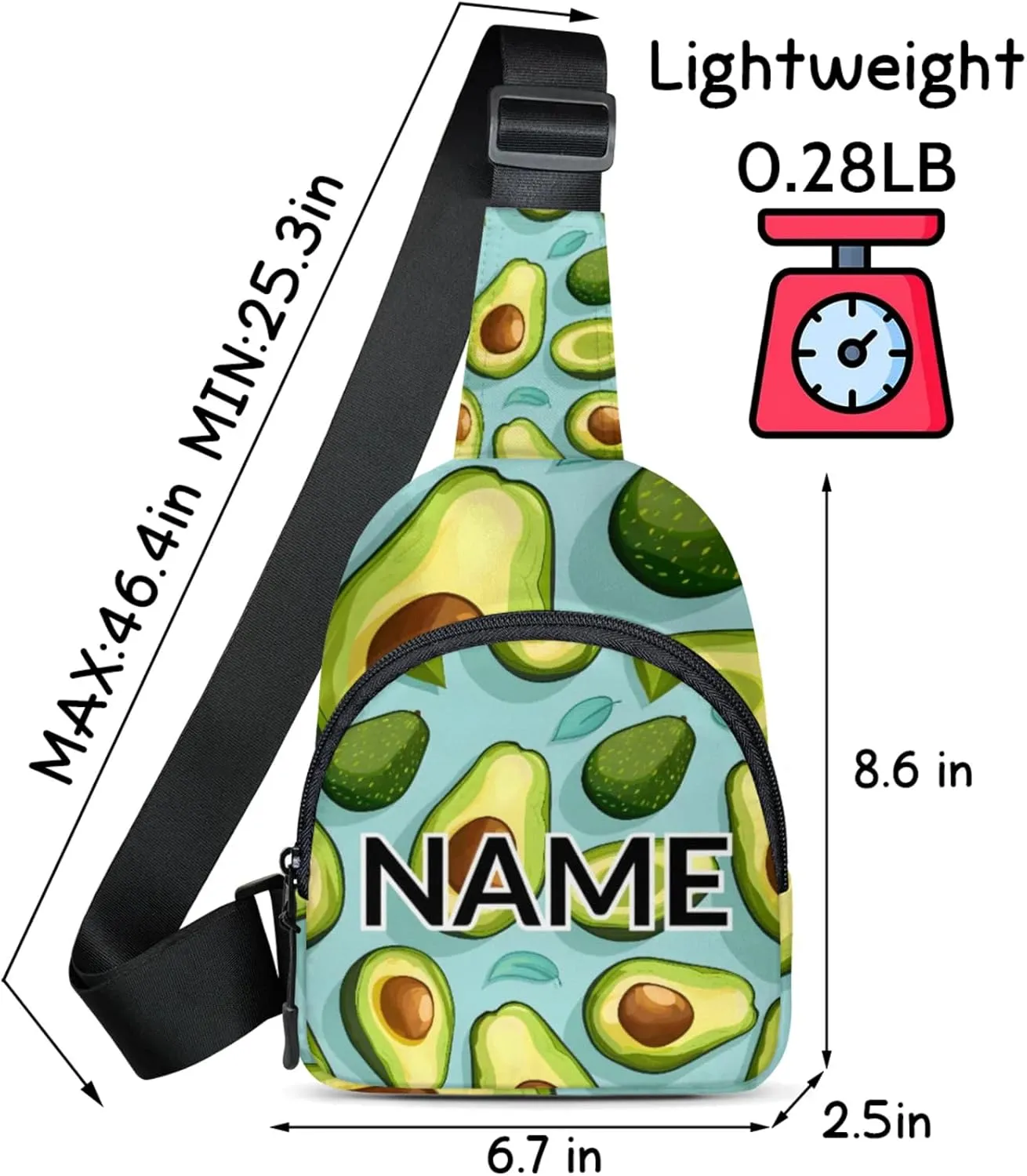 Custom Sling Bag Green Avocado Cross Body Customize Chest Bag Cute Avocado Daypack for Outdoors Travel Hiking Sports