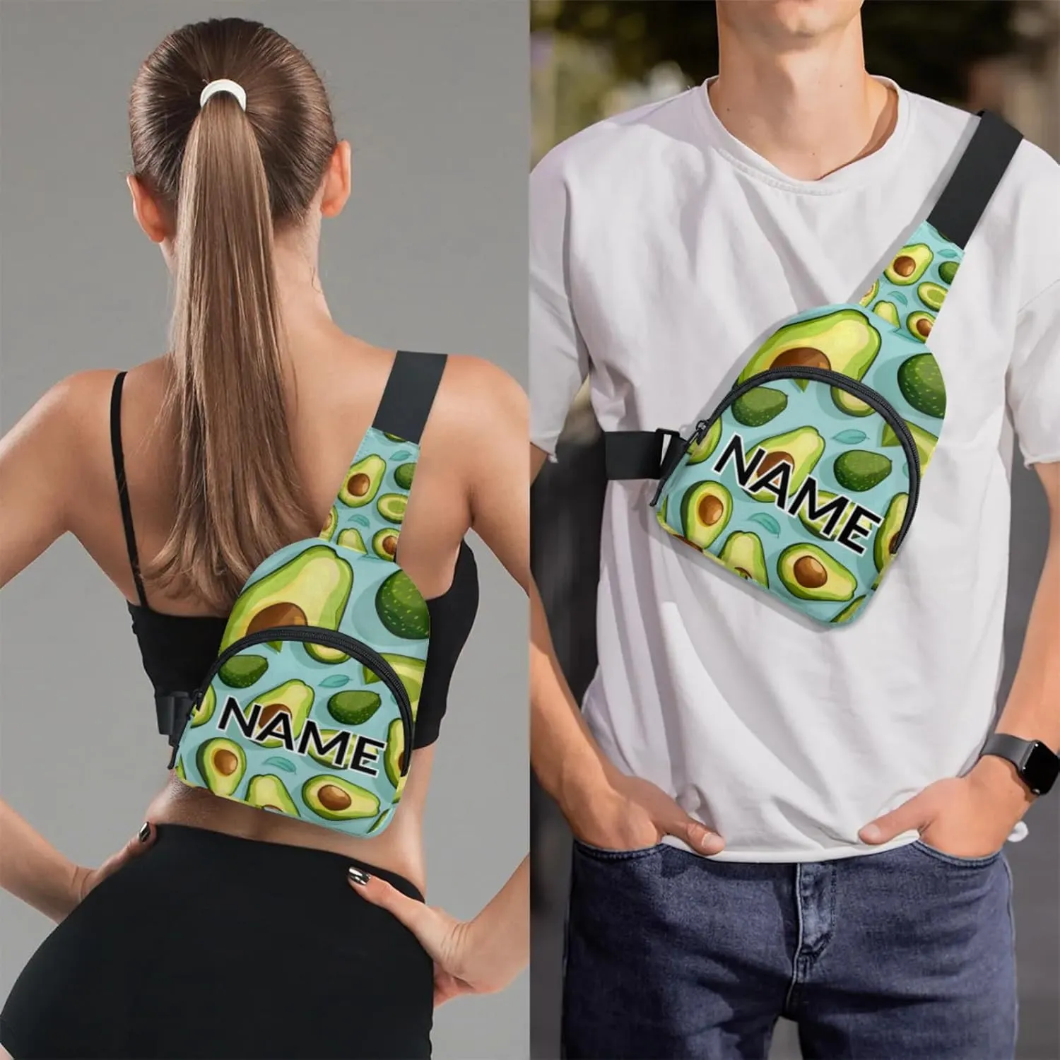 Custom Sling Bag Green Avocado Cross Body Customize Chest Bag Cute Avocado Daypack for Outdoors Travel Hiking Sports