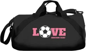 Custom Text Soccer Love Duffel Bag: Barrel Duffel Bag