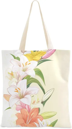 customizable Easter Lily Happy Canvas Tote Easter Lily Happy Canvas Tote Bag With Pockets for Travel Cotton Tote Bag