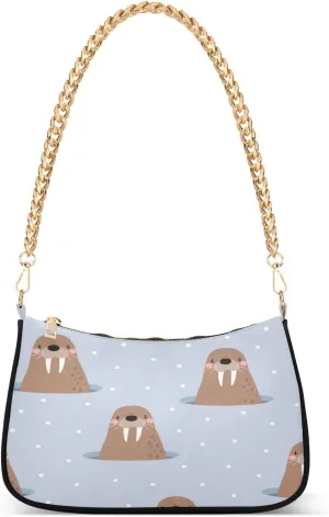 Cute Arctic Animals Walrus Womens Shoulder Bag for Women Girls Hobo Tote Handbag Gold Chain Crossbody Bag with Zipper Clutch Purse Handbags
