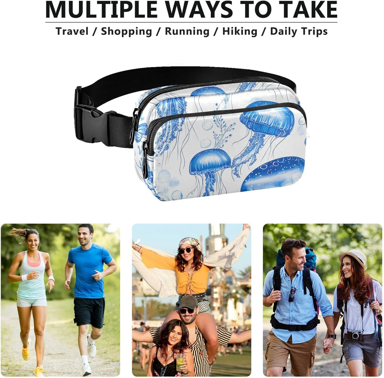 Cute Blue Jellyfish Women Fanny Packs Waterproof Belt Bags Hip Pack Cute Crossbody Waist Pack
