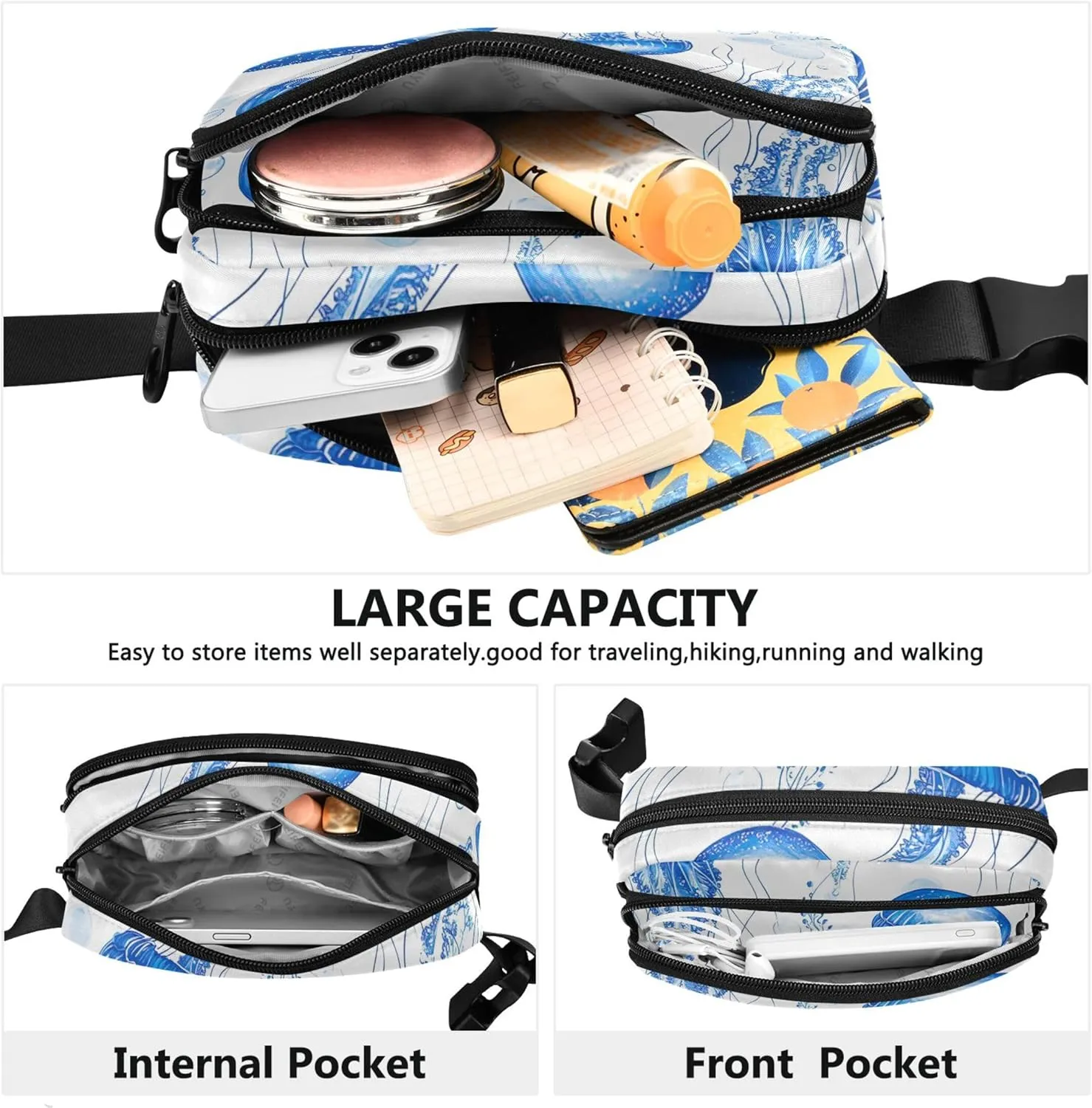 Cute Blue Jellyfish Women Fanny Packs Waterproof Belt Bags Hip Pack Cute Crossbody Waist Pack