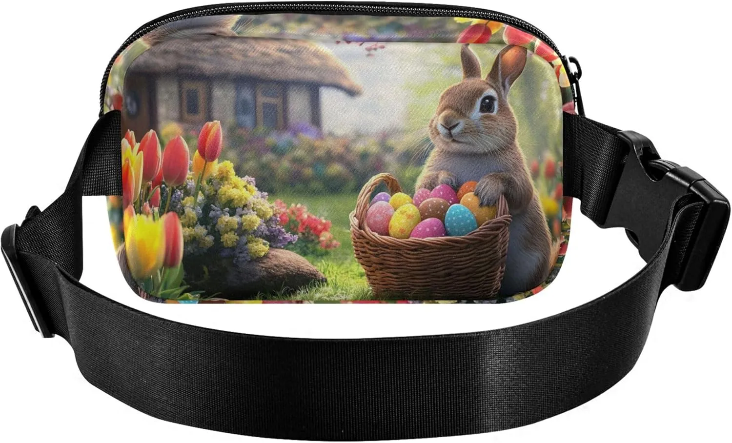 Cute Bunny Tulips Cottage Garden Fanny Packs for Women Waterproof Hip Pack Belt Pouch Funky Cross Body Waist Purse