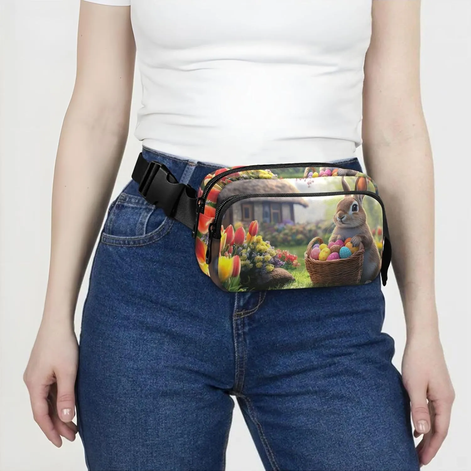 Cute Bunny Tulips Cottage Garden Fanny Packs for Women Waterproof Hip Pack Belt Pouch Funky Cross Body Waist Purse
