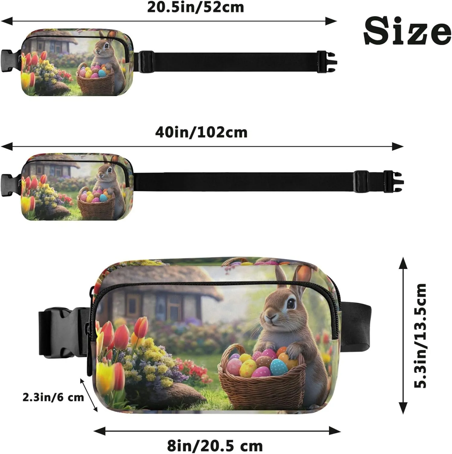 Cute Bunny Tulips Cottage Garden Fanny Packs for Women Waterproof Hip Pack Belt Pouch Funky Cross Body Waist Purse