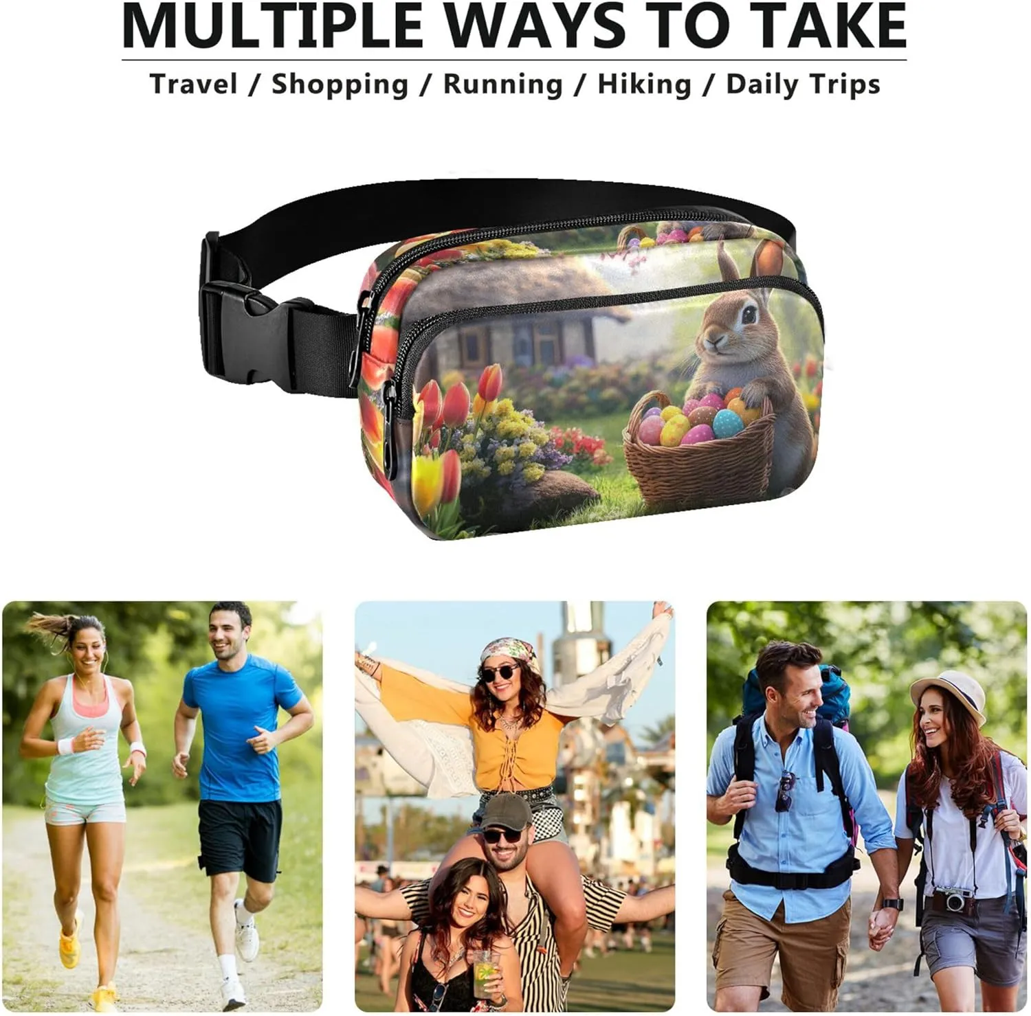 Cute Bunny Tulips Cottage Garden Fanny Packs for Women Waterproof Hip Pack Belt Pouch Funky Cross Body Waist Purse