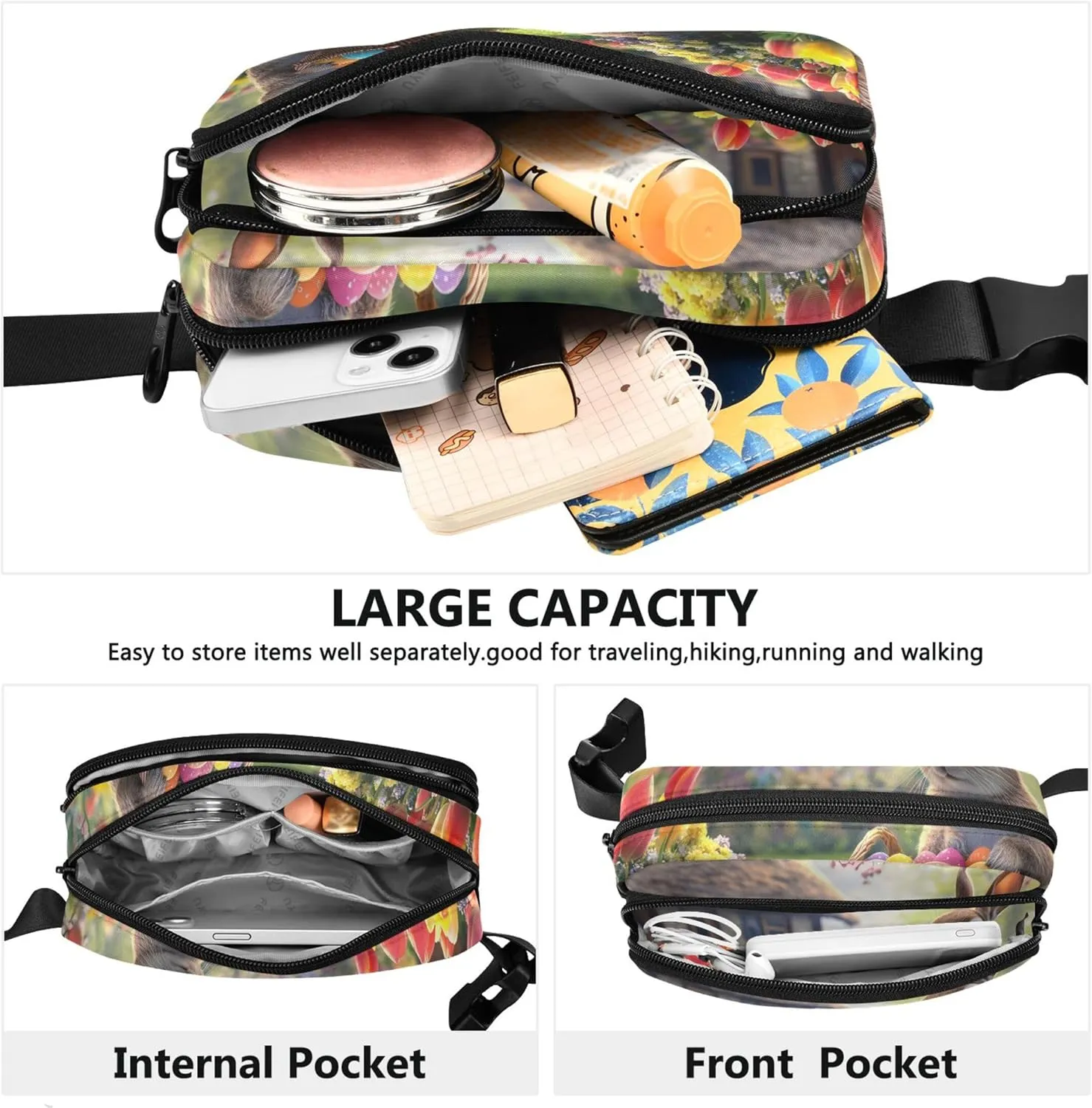 Cute Bunny Tulips Cottage Garden Fanny Packs for Women Waterproof Hip Pack Belt Pouch Funky Cross Body Waist Purse