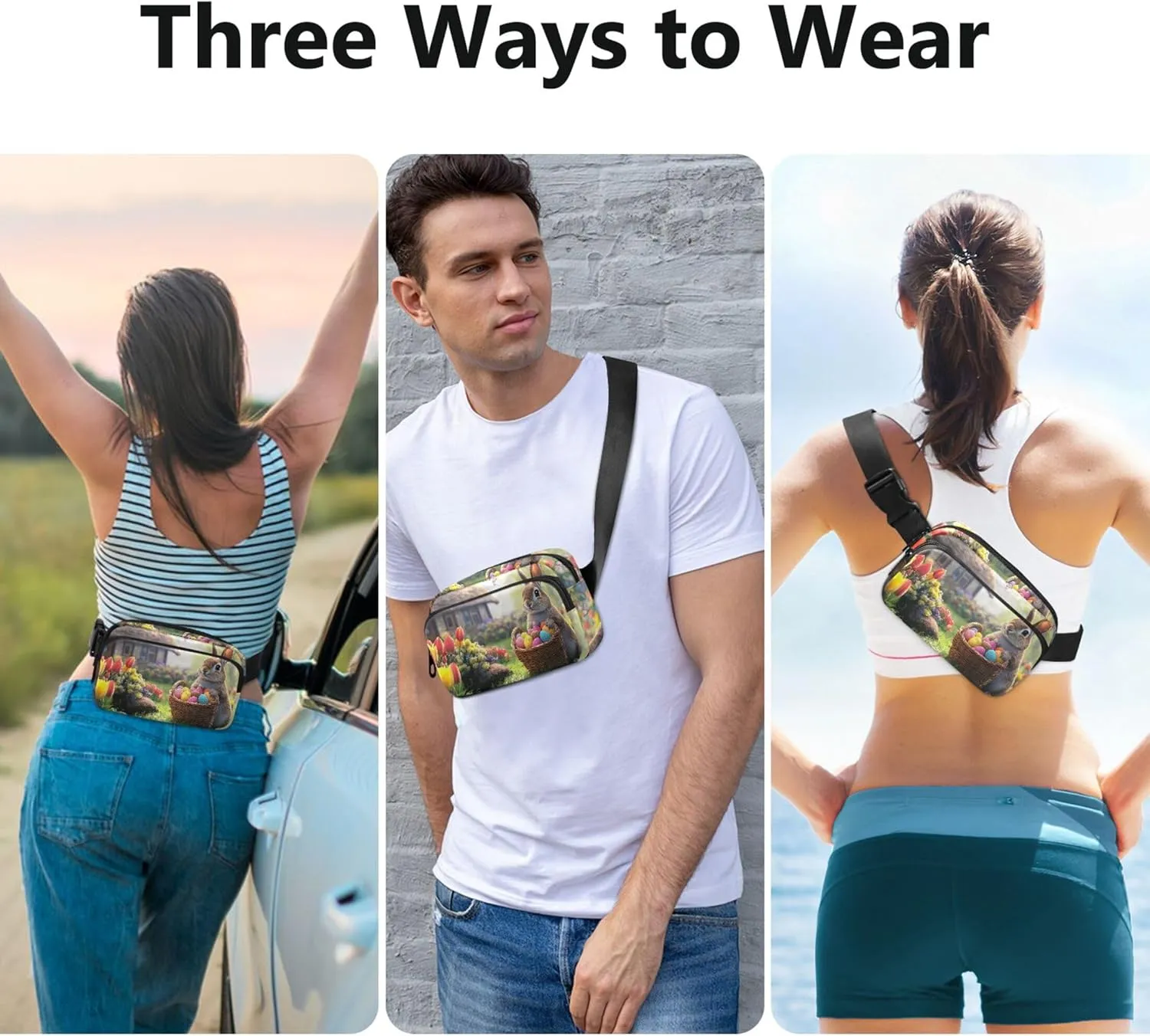 Cute Bunny Tulips Cottage Garden Fanny Packs for Women Waterproof Hip Pack Belt Pouch Funky Cross Body Waist Purse