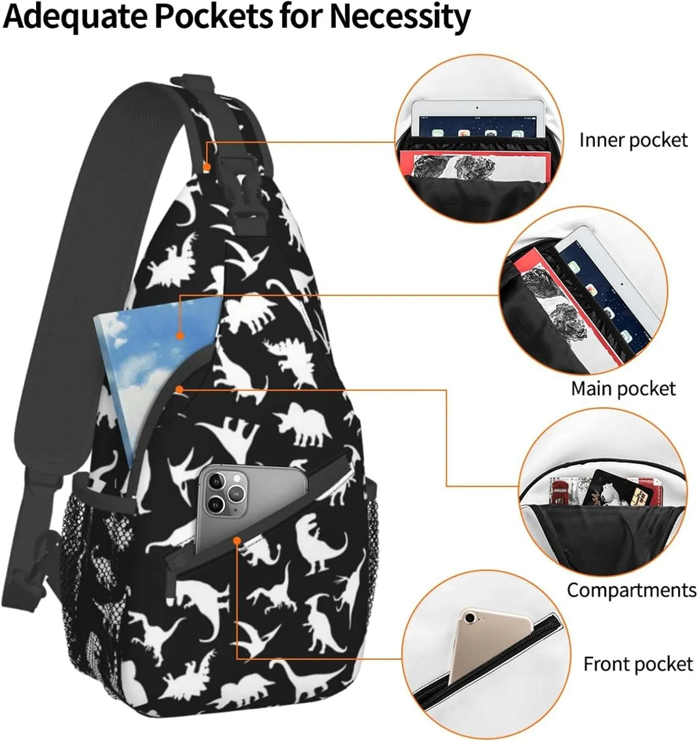 Cute Dinosaur Sling Backpack Unisex Dino Chest Bags Crossbody Travel Hiking Daypack For Women Men Shoulder Bag