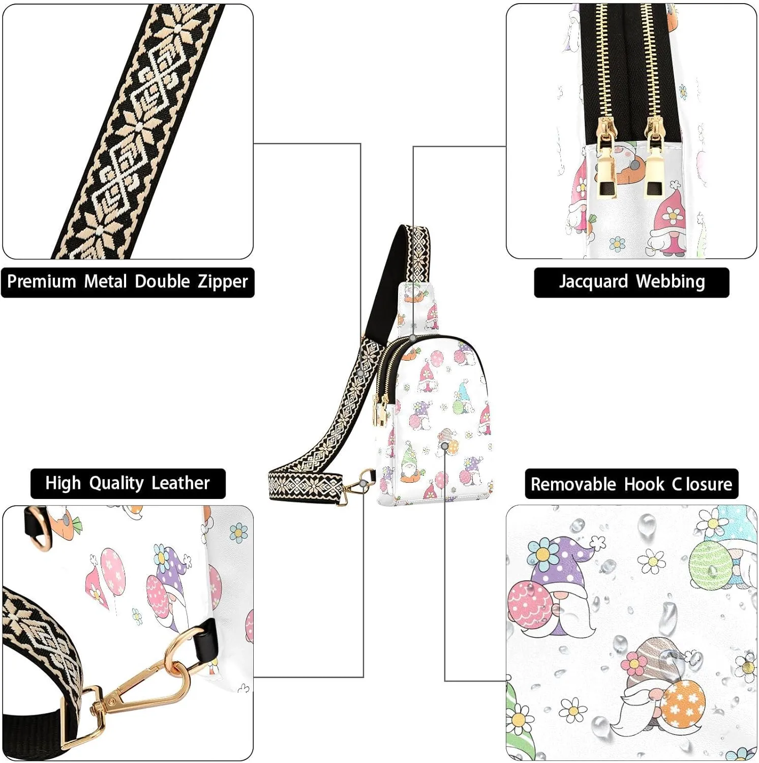 Cute Gnome Spring Cartoon Trendy Crossbody Bag Fashion Waist Packs Cartoon Flower Egg Easter Cross Body Leather Chest Bag for Women Fanny Pack Travel Outdoor Crossbody Sling Bag