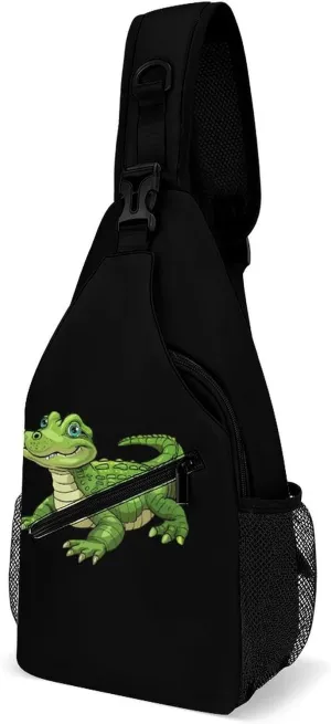 Cute Green Alligator Funny Crossbody Sling Bag Novelty Chest Bags Shoulder Backpack For Travel Hiking 15×8×4 Inches