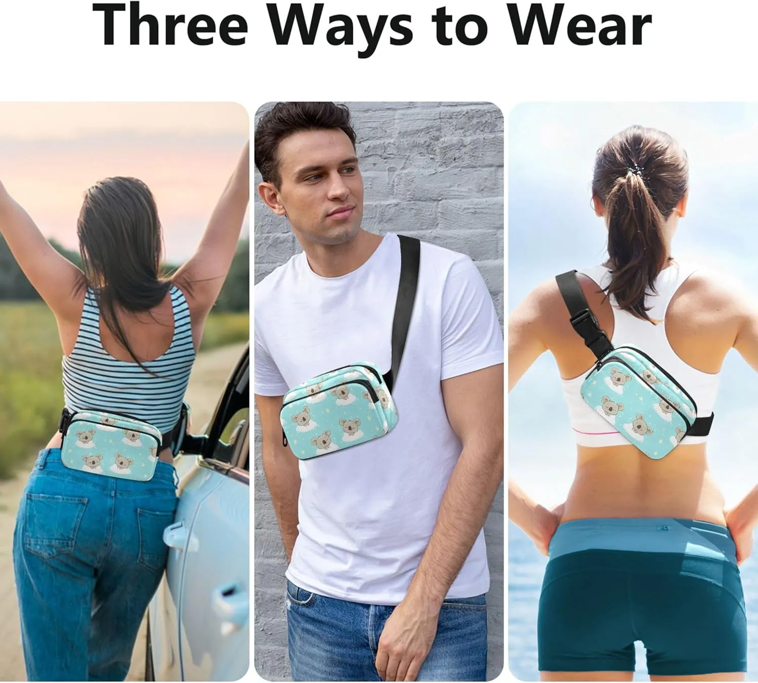 Cute Koala Print Sky Blue Fanny Packs Women Anti Theft Belt Bag Waterproof Designer Cross Body Waist Pack