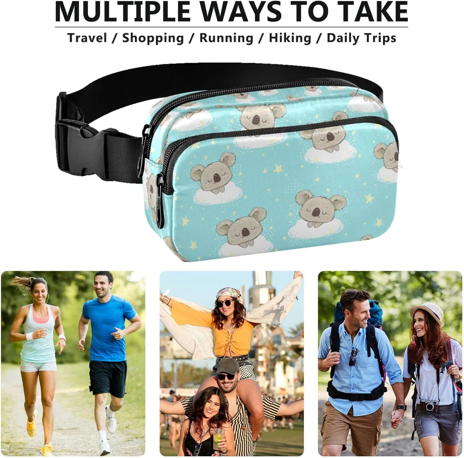 Cute Koala Print Sky Blue Fanny Packs Women Anti Theft Belt Bag Waterproof Designer Cross Body Waist Pack