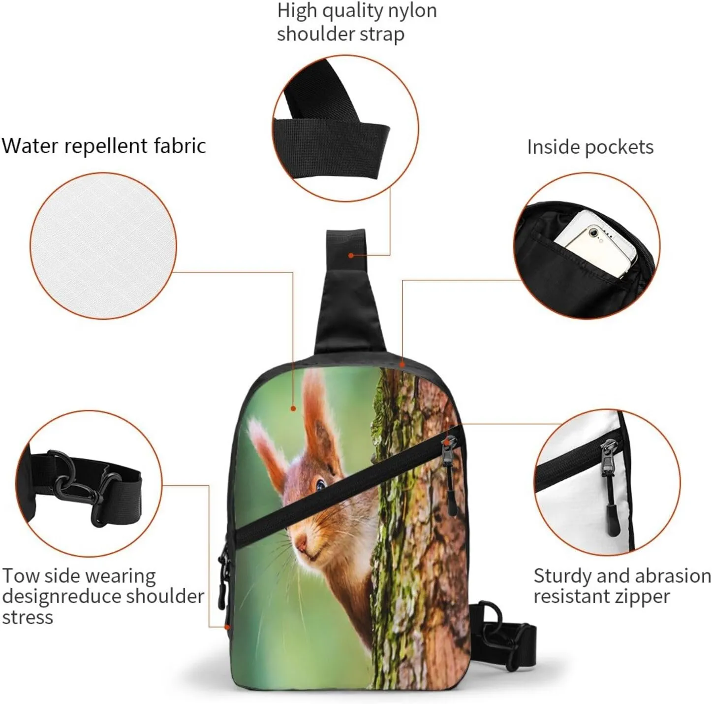 Cute Little Red Squirrel Sling Bag for Men Women, Small Crossbody Sling Backpack Shoulder Chest Bag, Anti Theft Travel Hiking Sports