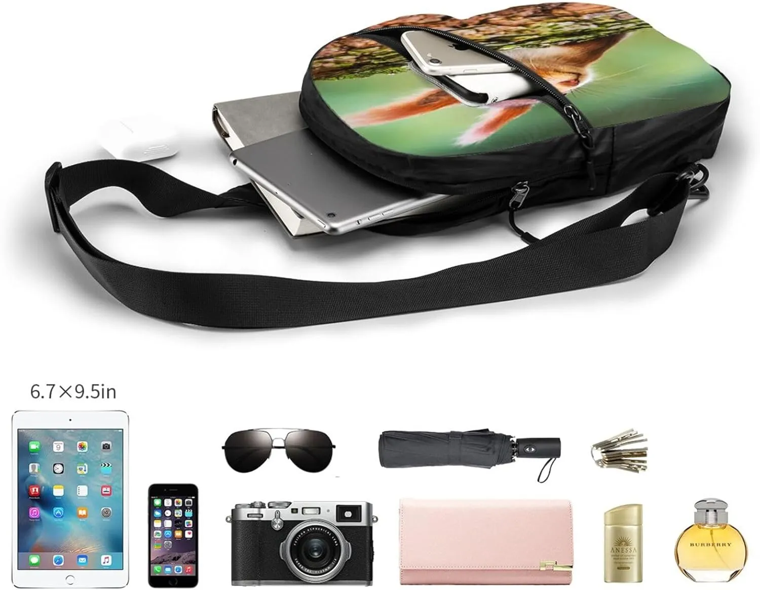 Cute Little Red Squirrel Sling Bag for Men Women, Small Crossbody Sling Backpack Shoulder Chest Bag, Anti Theft Travel Hiking Sports