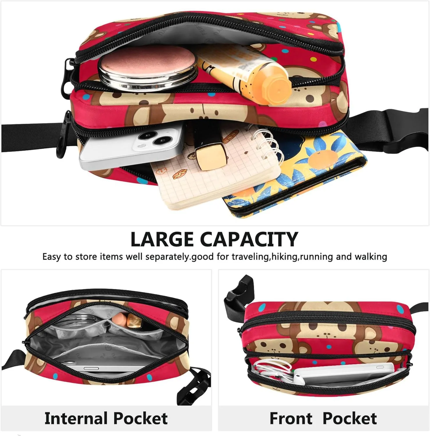 Cute Monkey Faces Red Brown Fanny Pack for Women Waterproof Hip Pack Belt Bag Cute Crossbody Waist Pack
