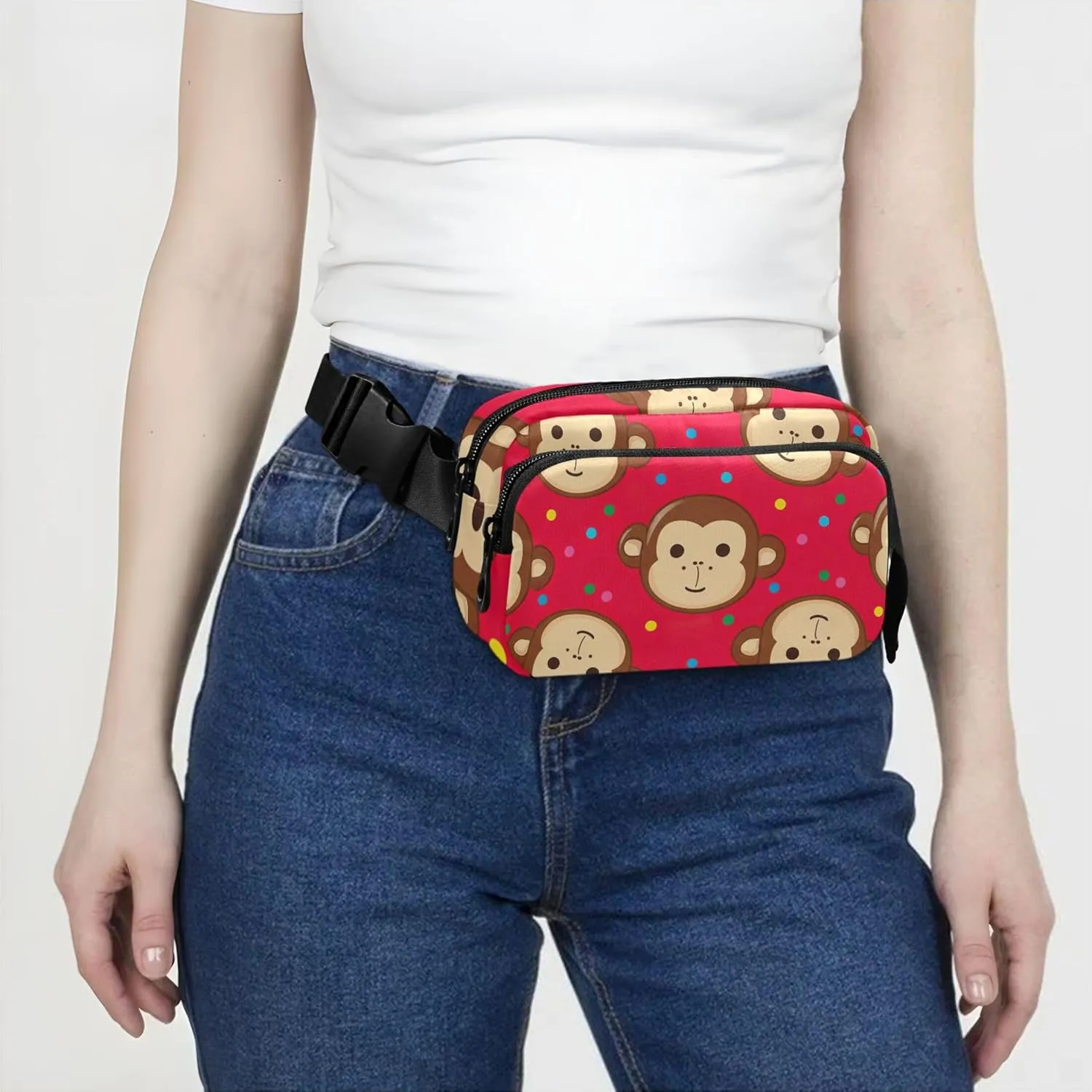Cute Monkey Faces Red Brown Fanny Pack for Women Waterproof Hip Pack Belt Bag Cute Crossbody Waist Pack