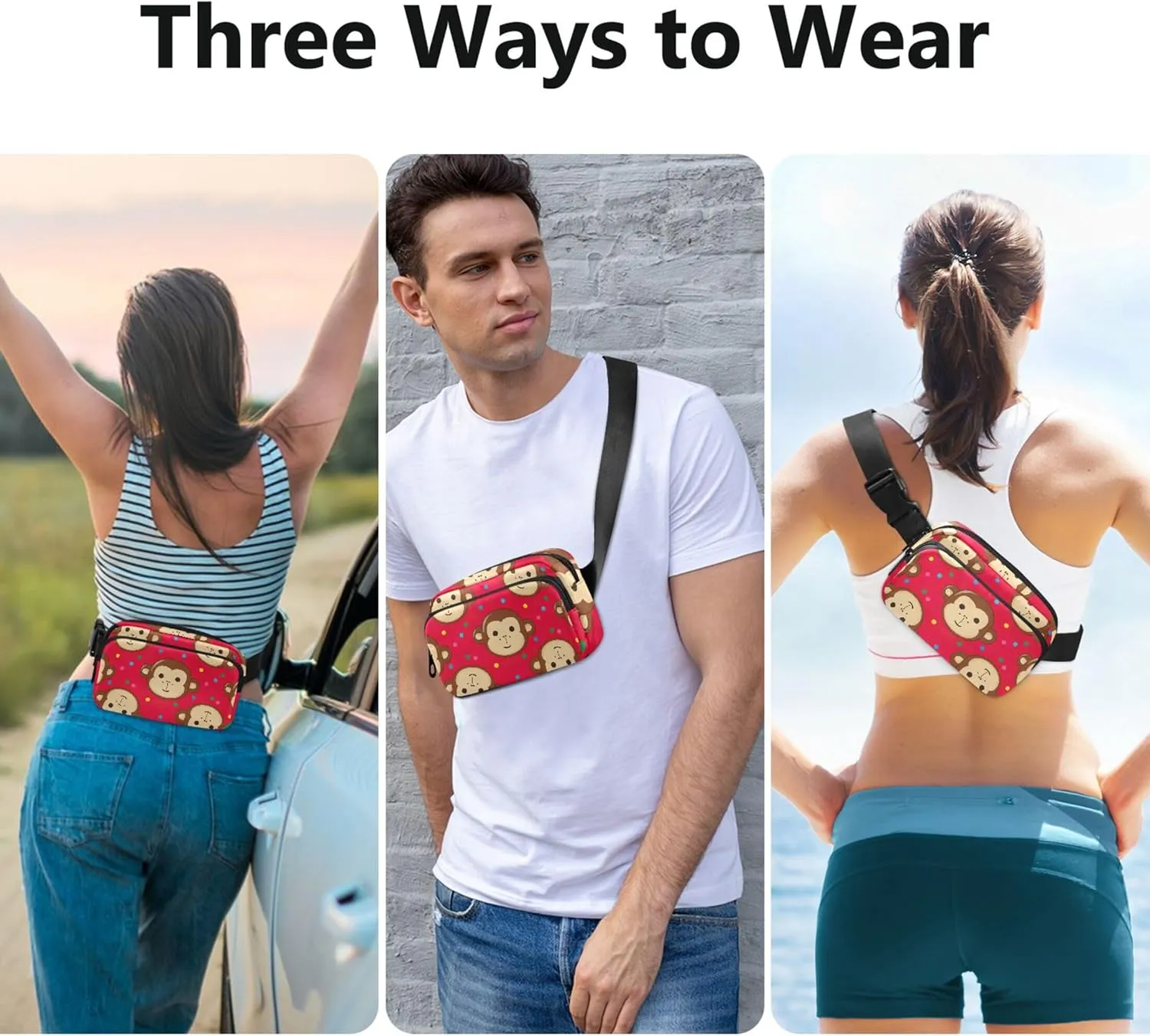 Cute Monkey Faces Red Brown Fanny Pack for Women Waterproof Hip Pack Belt Bag Cute Crossbody Waist Pack