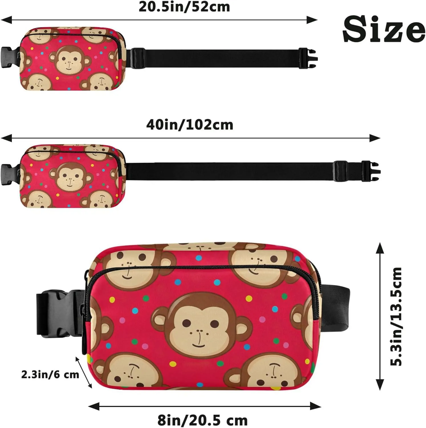 Cute Monkey Faces Red Brown Fanny Pack for Women Waterproof Hip Pack Belt Bag Cute Crossbody Waist Pack