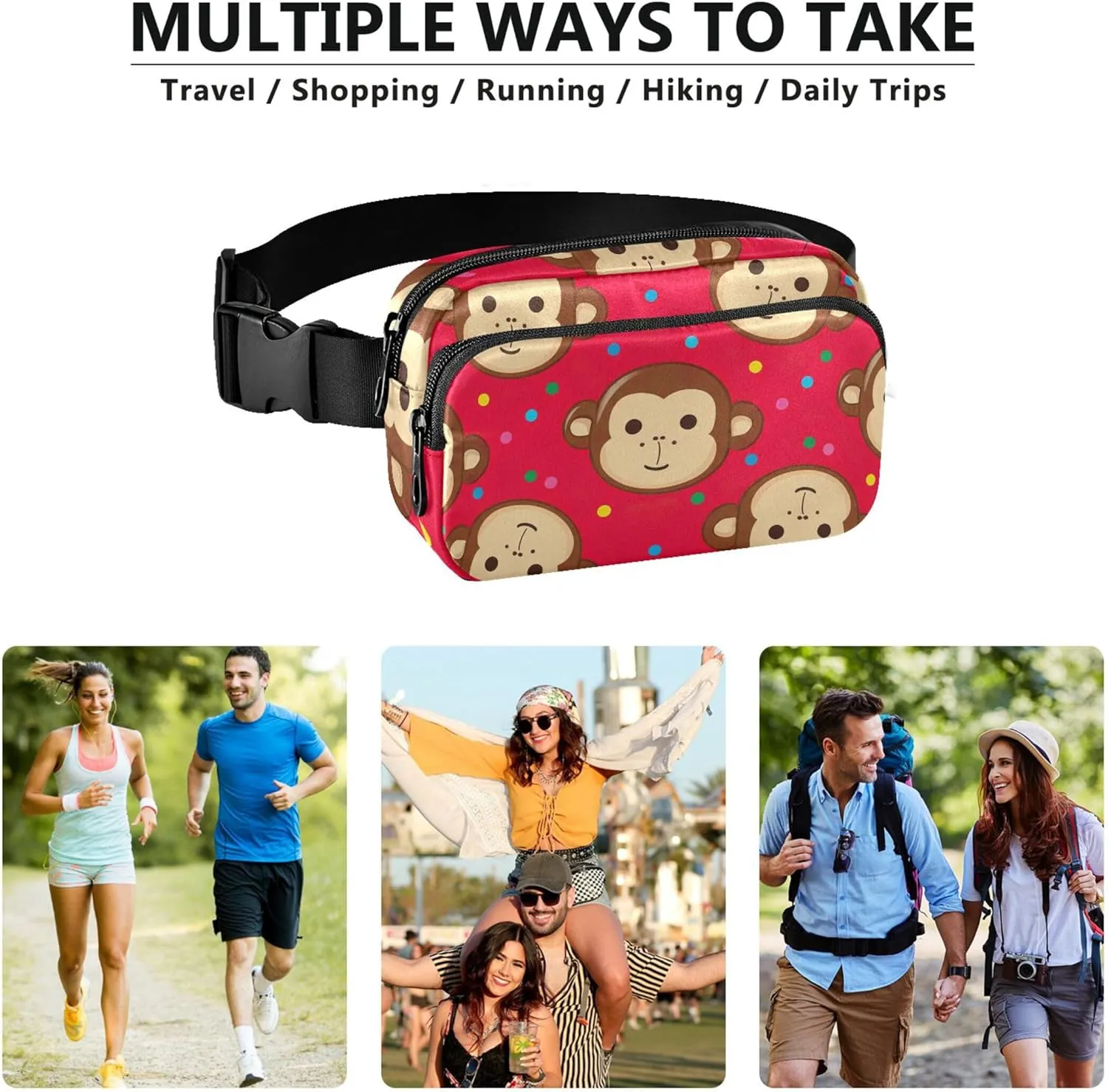 Cute Monkey Faces Red Brown Fanny Pack for Women Waterproof Hip Pack Belt Bag Cute Crossbody Waist Pack