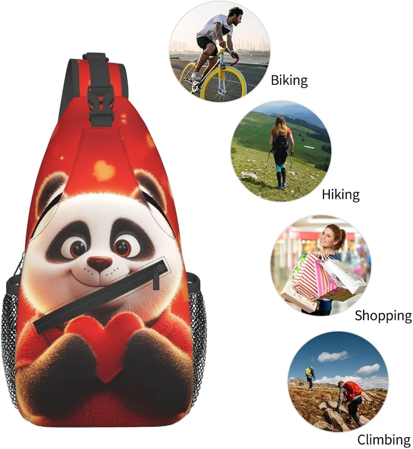 Cute Panda With A Heart Crossbody Sling Bag For Women Men Adjustable Valentines Day Chest Bag Shoulder Bag Sling Backpack Daypack For Sport Travel Hiking