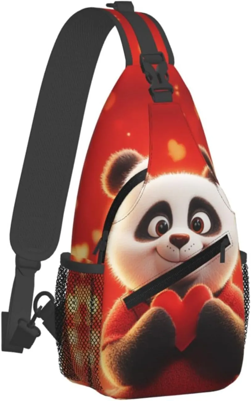 Cute Panda With A Heart Crossbody Sling Bag For Women Men Adjustable Valentines Day Chest Bag Shoulder Bag Sling Backpack Daypack For Sport Travel Hiking