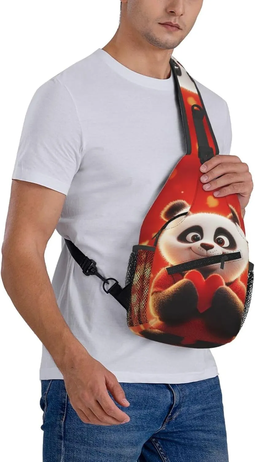 Cute Panda With A Heart Crossbody Sling Bag For Women Men Adjustable Valentines Day Chest Bag Shoulder Bag Sling Backpack Daypack For Sport Travel Hiking