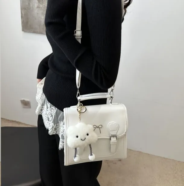 Cute Satchel Handbag with Cloud Charm, Bow Detail, Adjustable Shoulder Strap