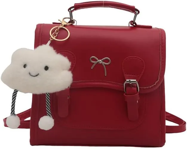 Cute Satchel Handbag with Cloud Charm, Bow Detail, Adjustable Shoulder Strap