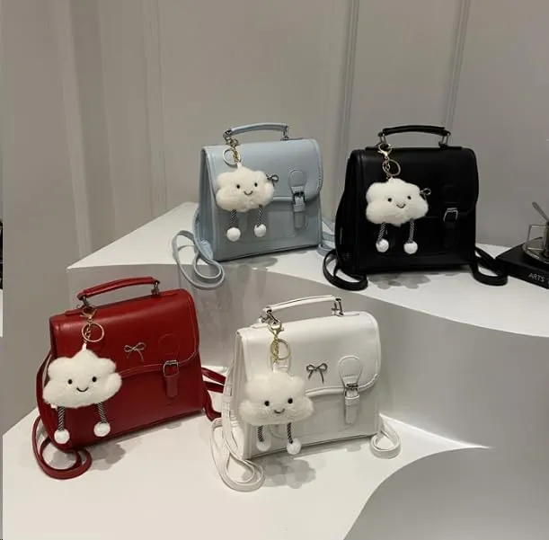 Cute Satchel Handbag with Cloud Charm, Bow Detail, Adjustable Shoulder Strap
