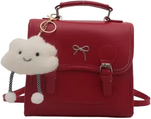 Cute Satchel Handbag with Cloud Charm, Bow Detail, Adjustable Shoulder Strap