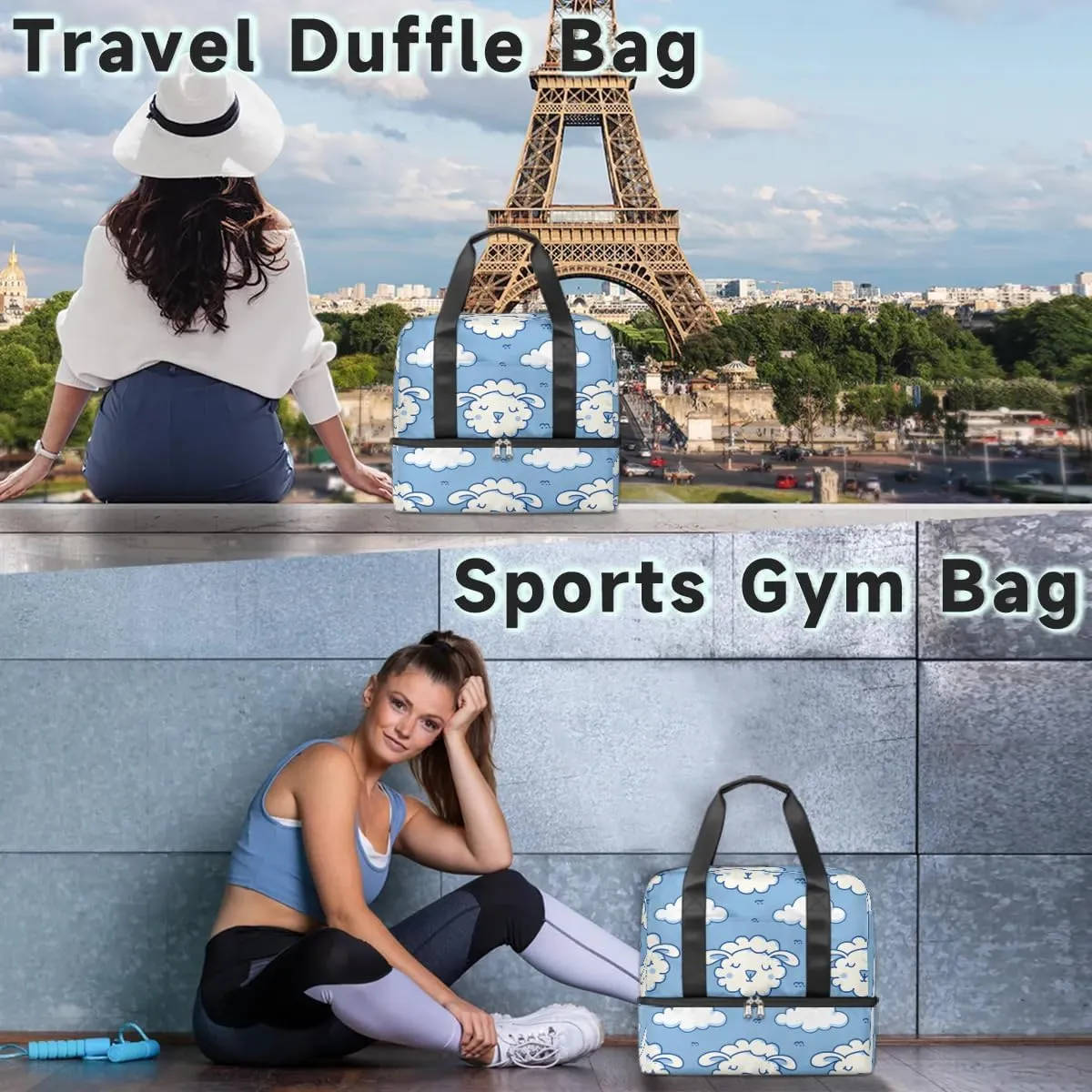 Cute Sheep Cloud Travel Duffel Bag Dry Wet Separated Sports Tote Travel Duffle Bag Gym Workout Bag Women Travel Duffel Bag for Women, Travel, Gym, Work