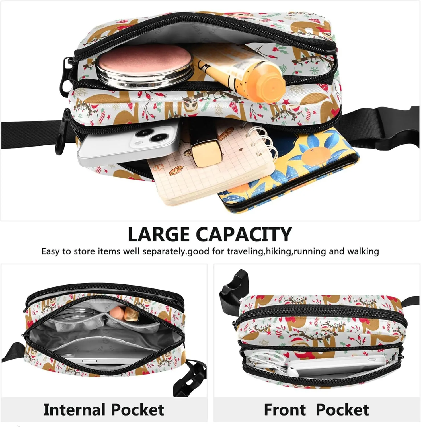 Cute Sloth Christmas Fanny Packs for Women Neon Belt Bags Hip Pack Waterproof Crossbody Waist Bag