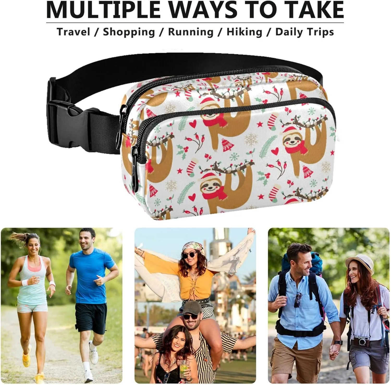 Cute Sloth Christmas Fanny Packs for Women Neon Belt Bags Hip Pack Waterproof Crossbody Waist Bag