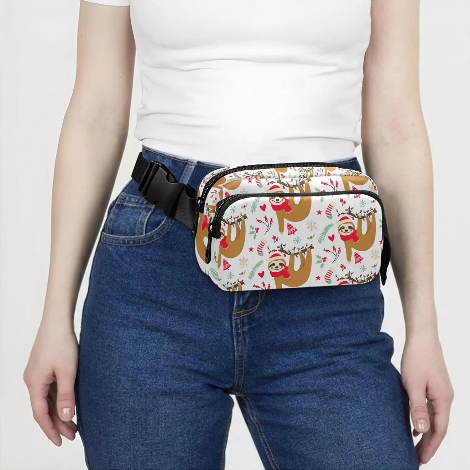 Cute Sloth Christmas Fanny Packs for Women Neon Belt Bags Hip Pack Waterproof Crossbody Waist Bag