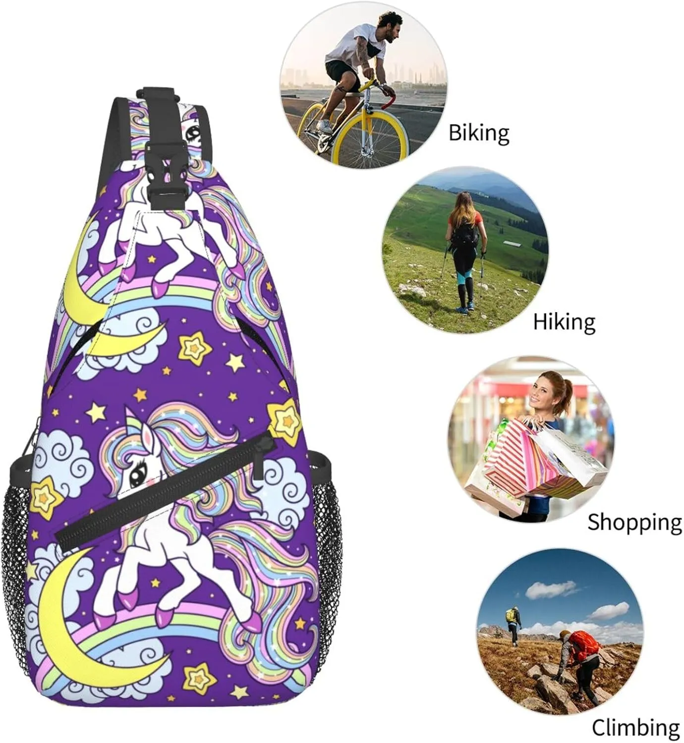 Cute Unicorns With Rainbow Moon Clouds Chest Sling Bag Crossbody Shoulder Backpack Bag Gym Cycling Daypack Travel Hiking Cross Bag