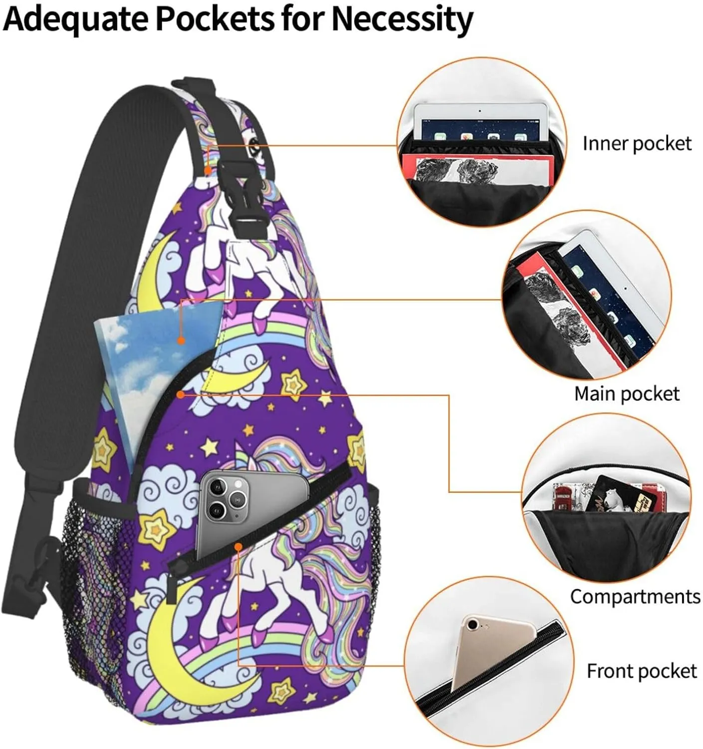 Cute Unicorns With Rainbow Moon Clouds Chest Sling Bag Crossbody Shoulder Backpack Bag Gym Cycling Daypack Travel Hiking Cross Bag