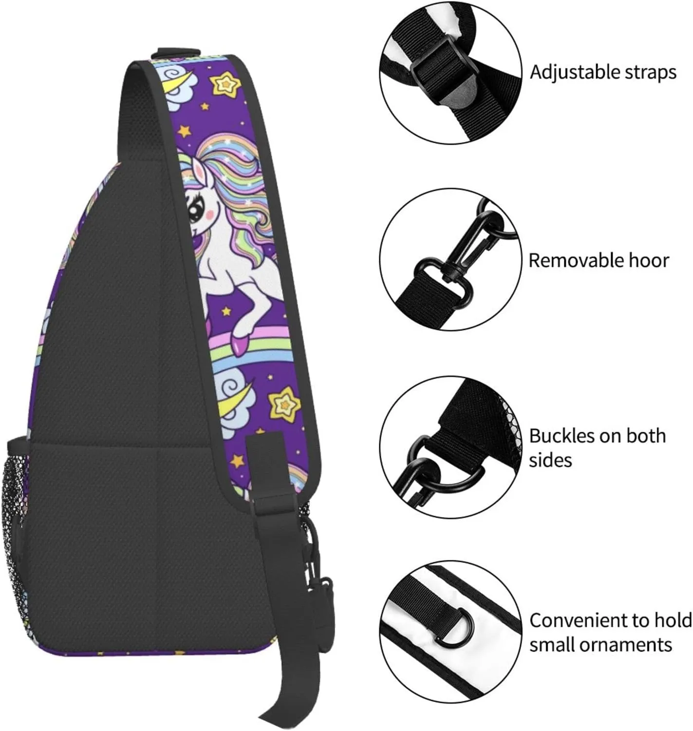 Cute Unicorns With Rainbow Moon Clouds Chest Sling Bag Crossbody Shoulder Backpack Bag Gym Cycling Daypack Travel Hiking Cross Bag