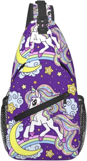 Cute Unicorns With Rainbow Moon Clouds Chest Sling Bag Crossbody Shoulder Backpack Bag Gym Cycling Daypack Travel Hiking Cross Bag