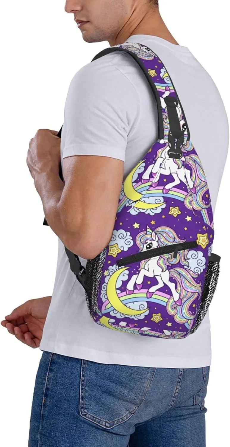 Cute Unicorns With Rainbow Moon Clouds Chest Sling Bag Crossbody Shoulder Backpack Bag Gym Cycling Daypack Travel Hiking Cross Bag