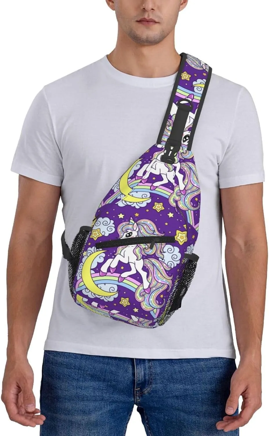 Cute Unicorns With Rainbow Moon Clouds Chest Sling Bag Crossbody Shoulder Backpack Bag Gym Cycling Daypack Travel Hiking Cross Bag