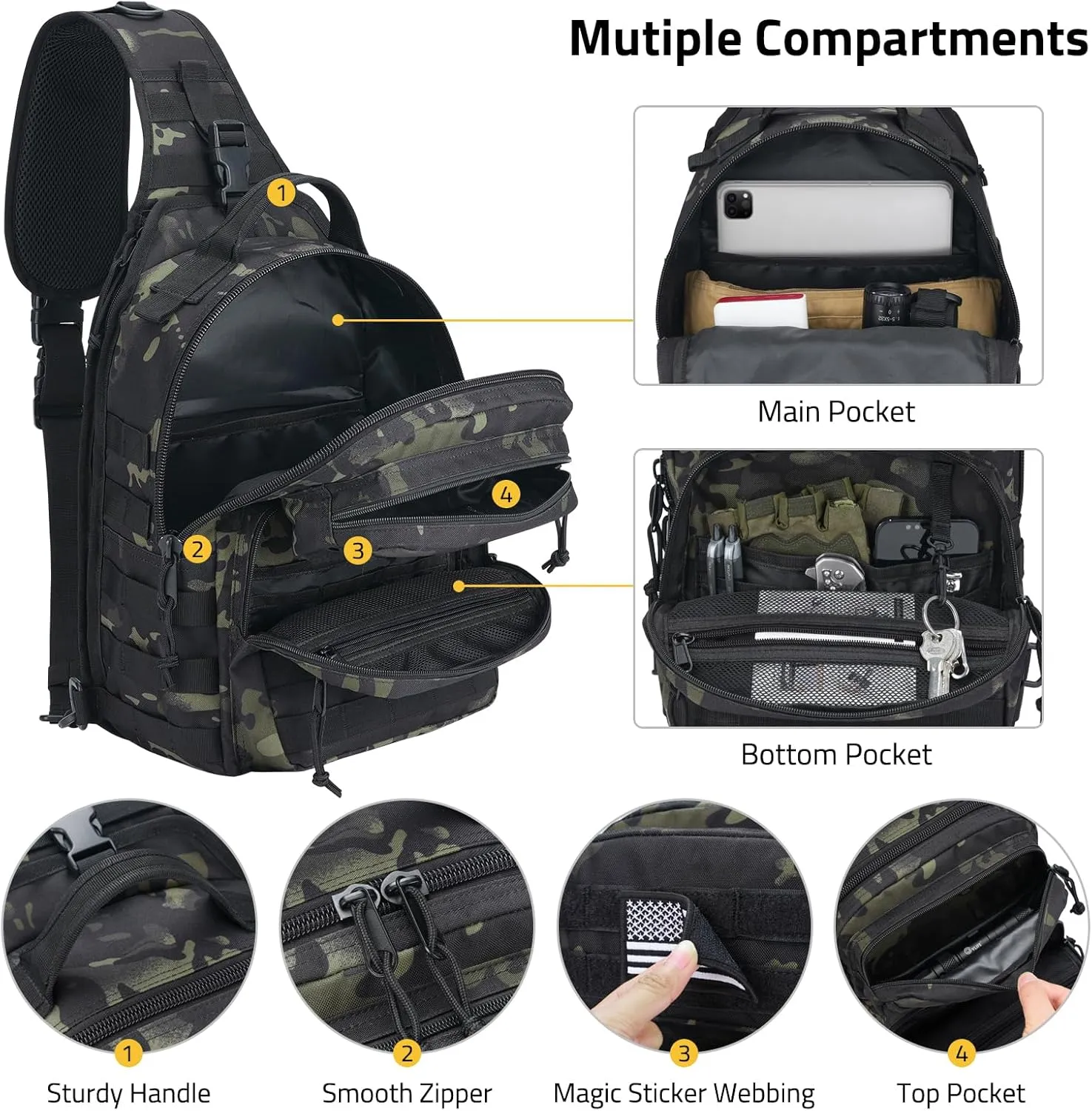 CVLIFE Tactical Sling Bag Backpack for Men Military Shoulder Sling Bag Molle Army Assault Detachable Tactical Bag with Bottle Holder Concealed Carry Daily Day Pack Work Bag for EDC Hiking, Black CP