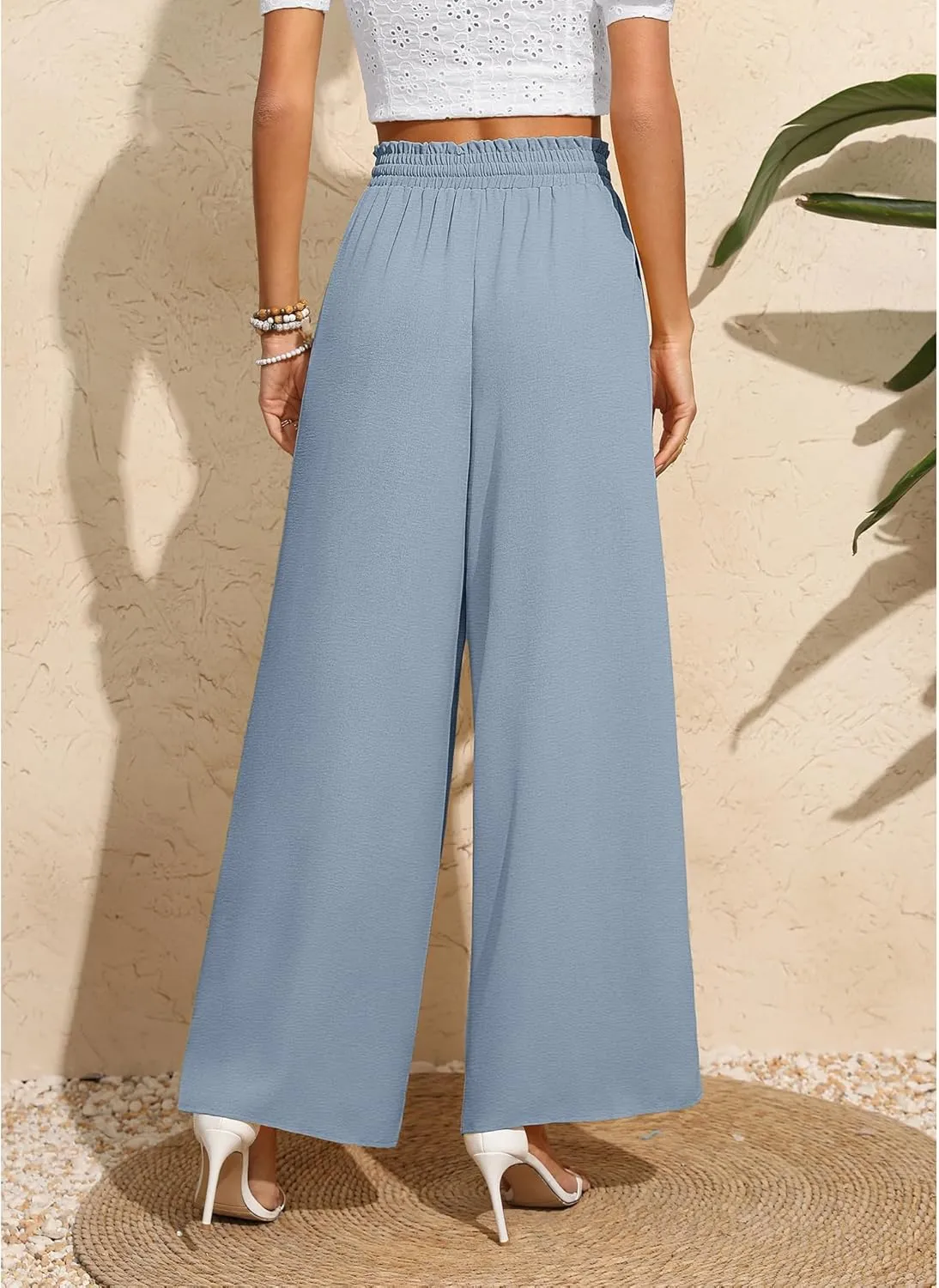 CZYINXIAN Women's Casual Wide Leg Pants Flowy Adjustable Tie Knot Elastic Waist Pants with Pockets