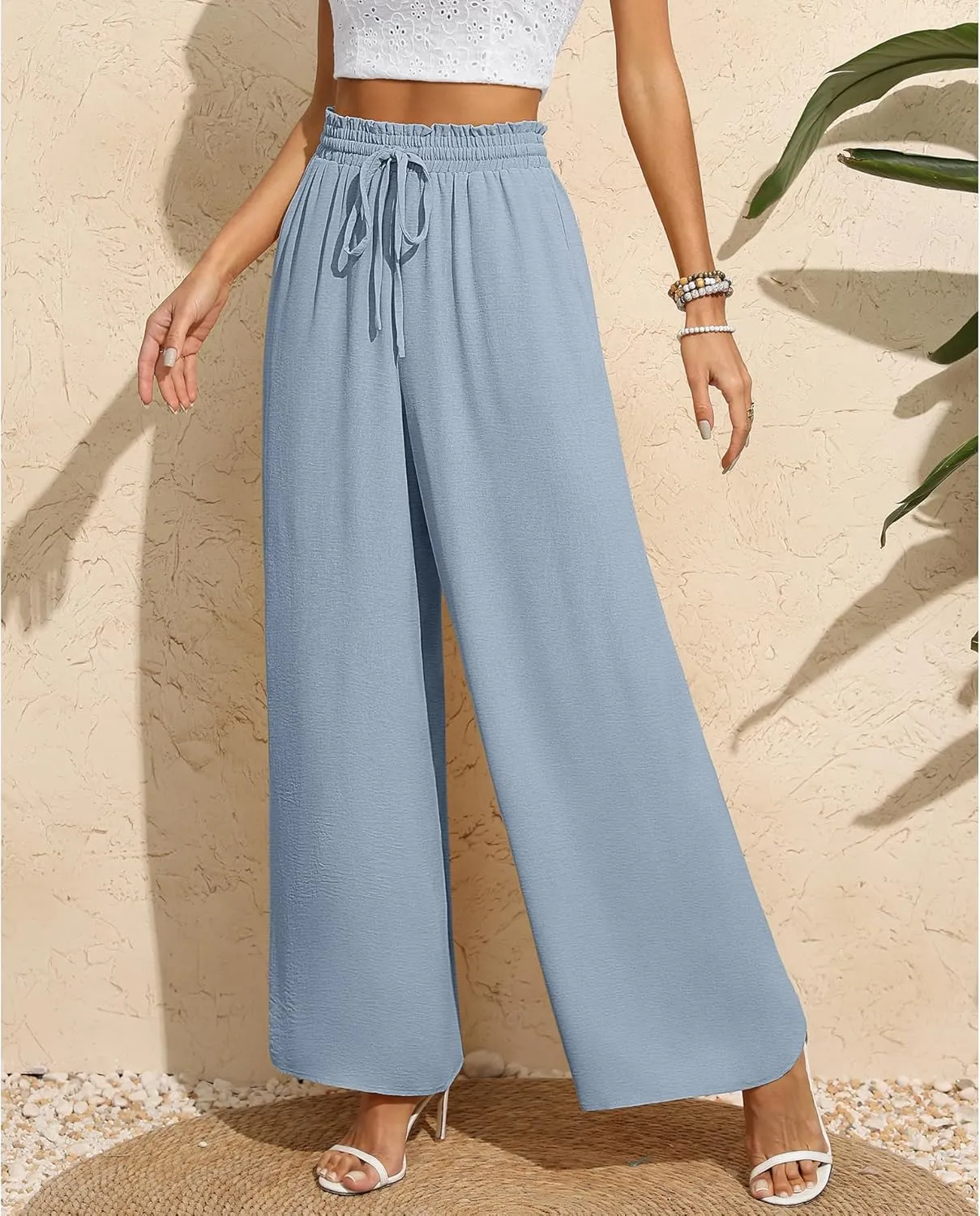 CZYINXIAN Women's Casual Wide Leg Pants Flowy Adjustable Tie Knot Elastic Waist Pants with Pockets