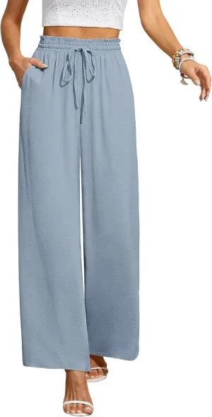 CZYINXIAN Women's Casual Wide Leg Pants Flowy Adjustable Tie Knot Elastic Waist Pants with Pockets