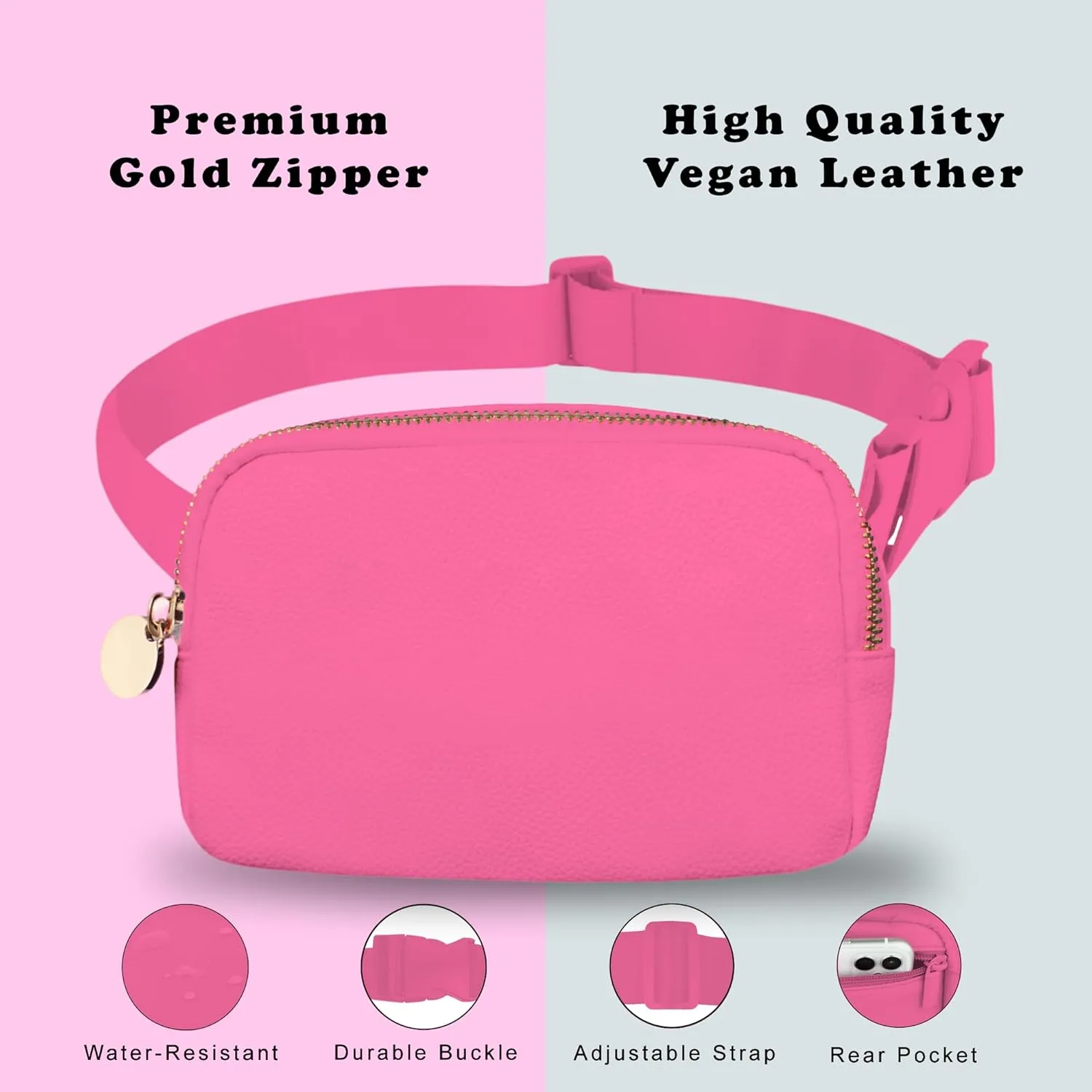 DANCOUR Leather Belt Bag for Women, Hot Pink Fanny Pack Crossbody, Stylish Waist Bag, Large Crossbody Belt Bag, Everywhere Bag for Travel & Daily Use, Trendy Leather Fanny Pack
