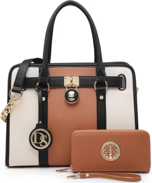 Dasein Two Tone Satchel Handbags Purses for Women Vegan Leather Shoulder Bags Large Tote Bag with Matching Wallet