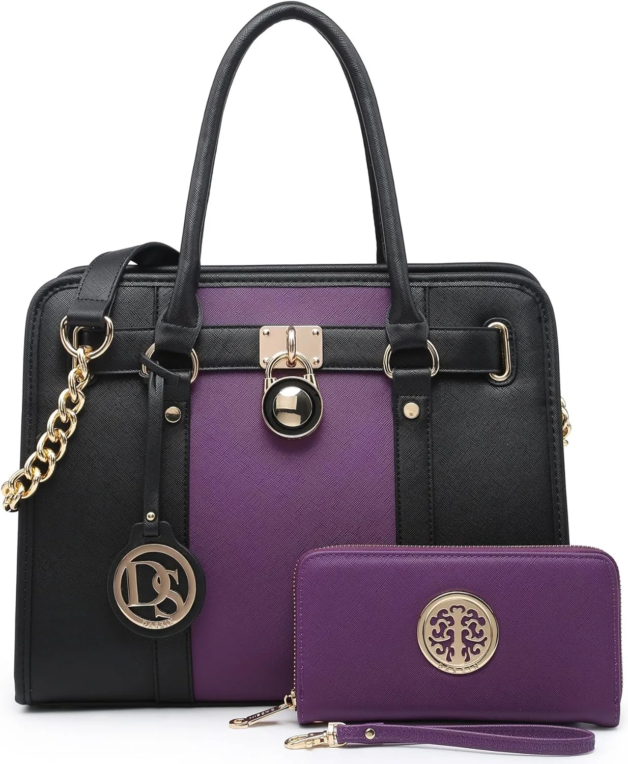Dasein Two Tone Satchel Handbags Purses for Women Vegan Leather Shoulder Bags Large Tote Bag with Matching Wallet