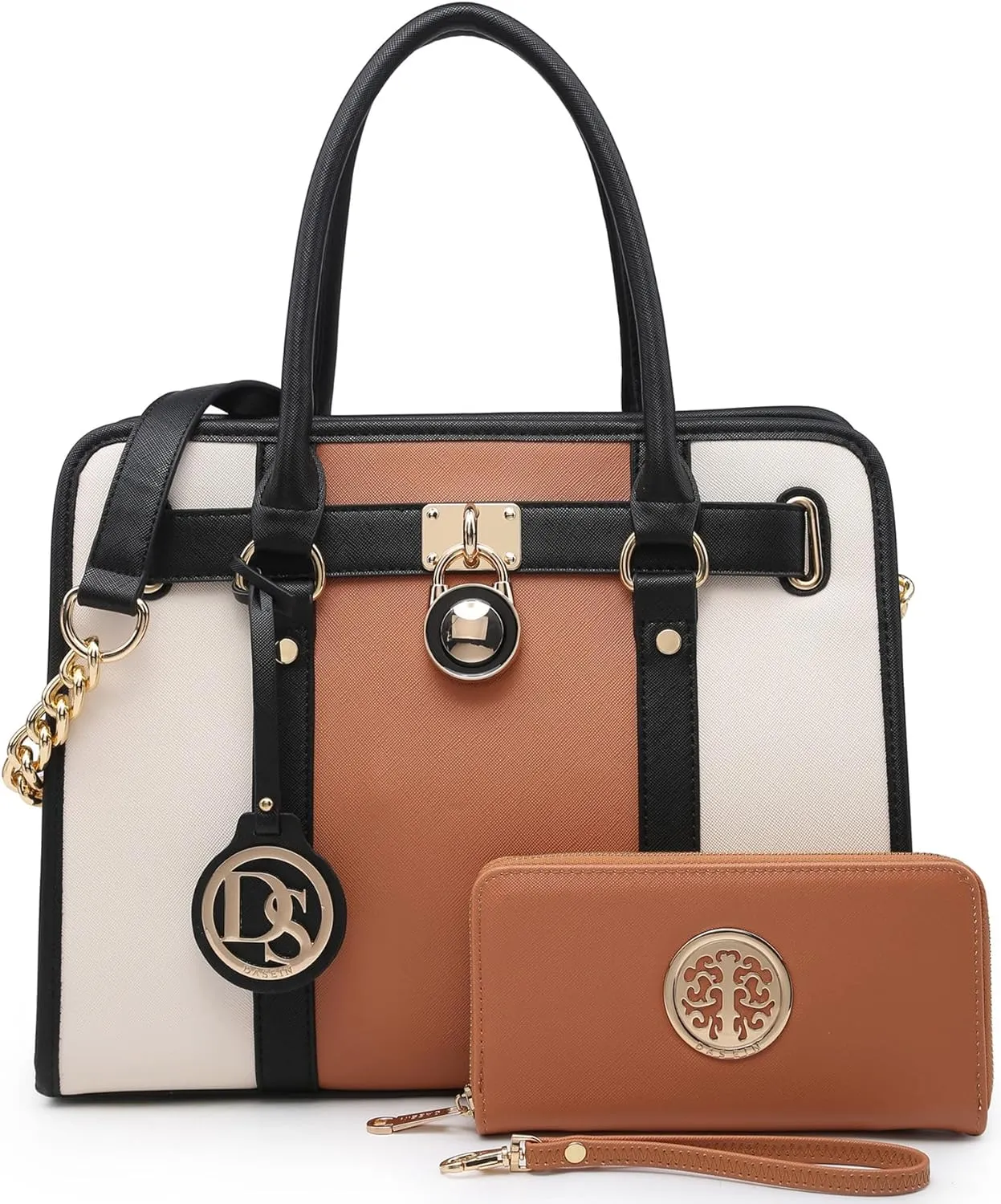 Dasein Two Tone Satchel Handbags Purses for Women Vegan Leather Shoulder Bags Large Tote Bag with Matching Wallet